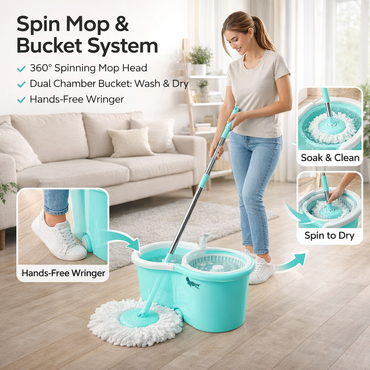 SHAGUN 12-in-1 Complete Home Cleaning Kit with Basket Mop, Toilet Brush, Bottle Brush, Tile Brush, Kitchen Wiper, Scrub Pad, Multi-Purpose Household Set