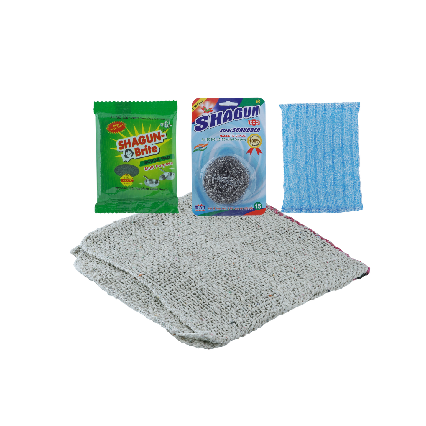 Shagun Kitchen Cleaning Combo Pack – Scrub Pad, Steel Scrubber, Microfiber Cloth, Cotton Wipe | All-in-One Cleaning Kit