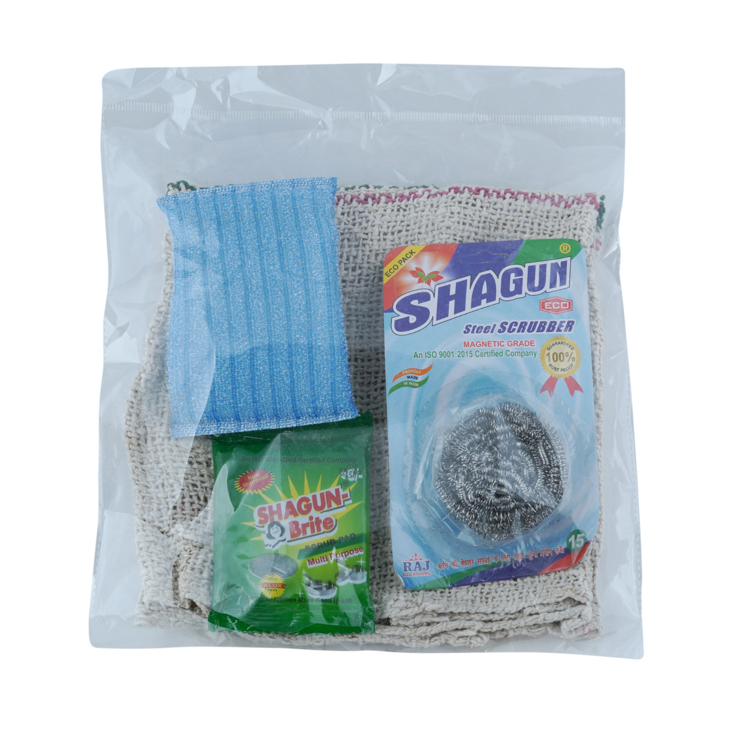 Shagun Kitchen Cleaning Combo Pack – Scrub Pad, Steel Scrubber, Microfiber Cloth, Cotton Wipe | All-in-One Cleaning Kit