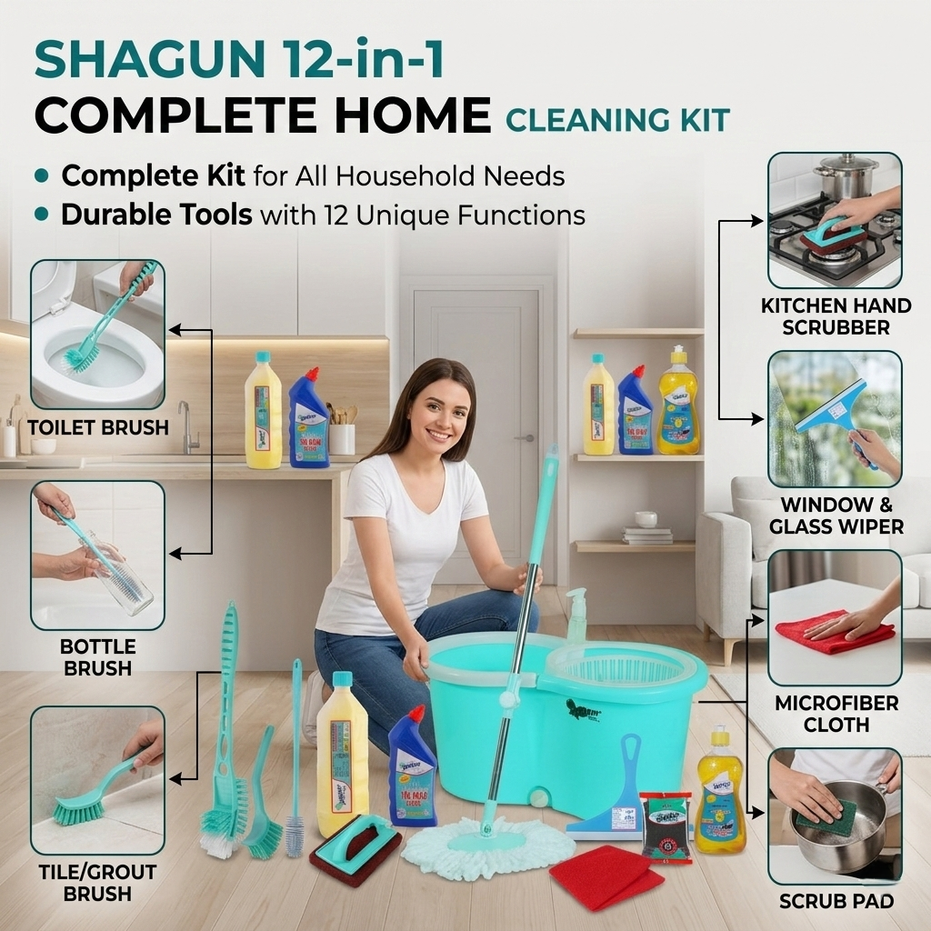 SHAGUN 12-in-1 Complete Home Cleaning Kit with Basket Mop, Toilet Brush, Bottle Brush, Tile Brush, Kitchen Wiper, Scrub Pad, Multi-Purpose Household Set