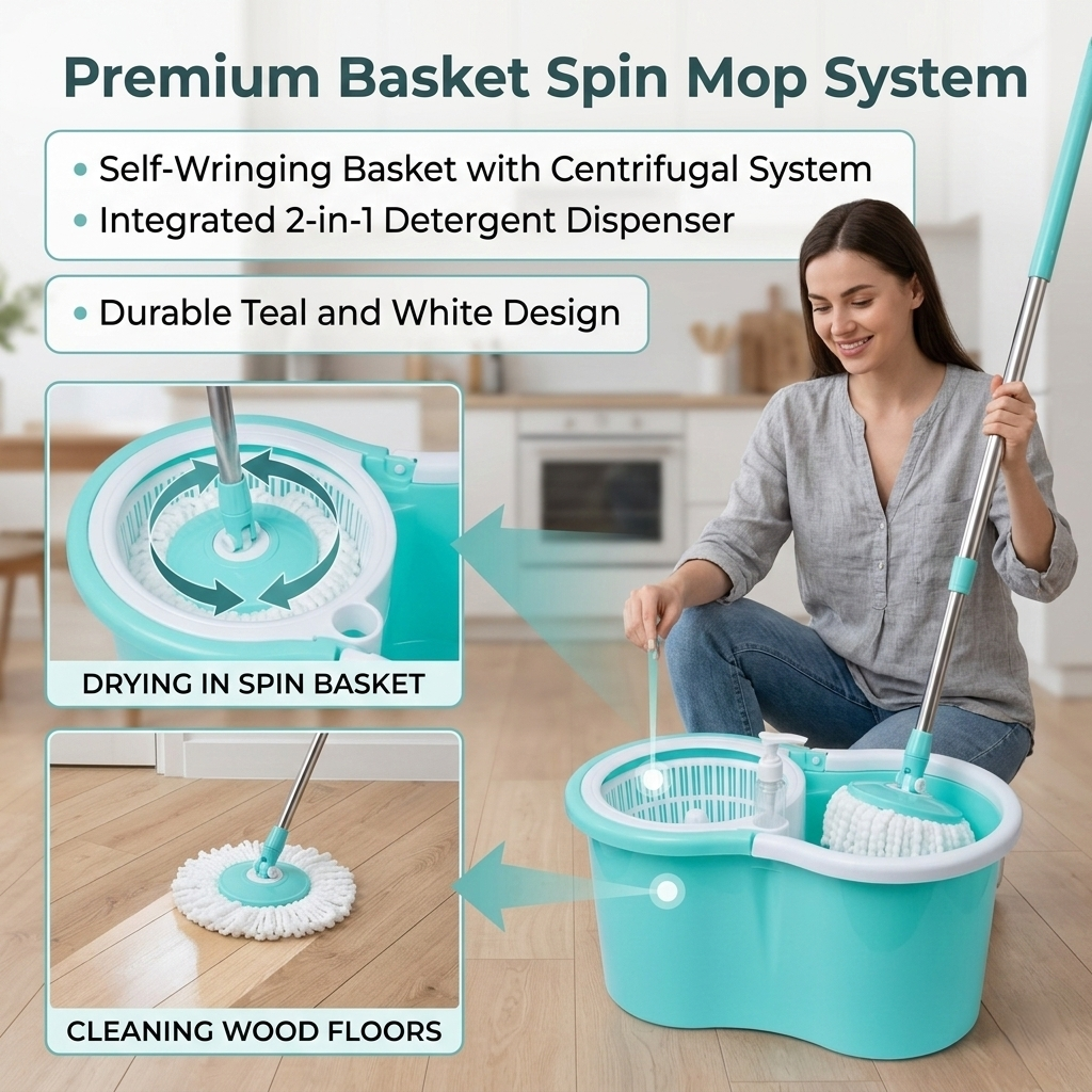 SHAGUN 12-in-1 Complete Home Cleaning Kit with Basket Mop, Toilet Brush, Bottle Brush, Tile Brush, Kitchen Wiper, Scrub Pad, Multi-Purpose Household Set