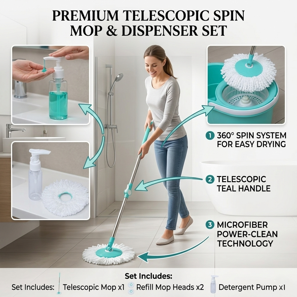 SHAGUN 12-in-1 Complete Home Cleaning Kit with Basket Mop, Toilet Brush, Bottle Brush, Tile Brush, Kitchen Wiper, Scrub Pad, Multi-Purpose Household Set