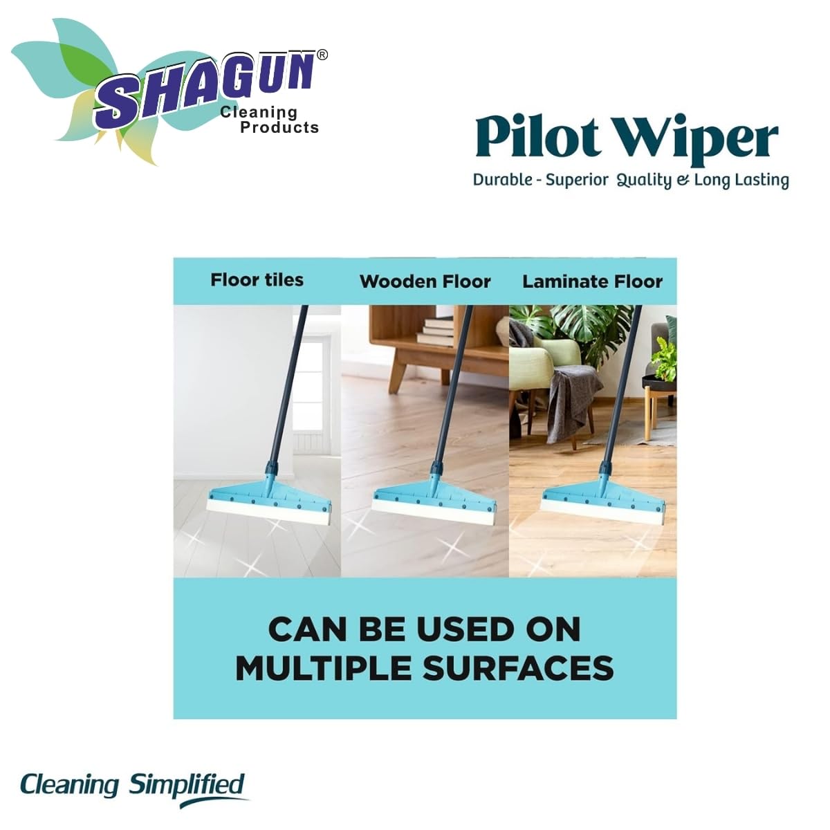 SHAGUN Floor Cleaning Wiper with Premium PVC Coated Handle (39") | Wide Cleaning Head EVA Rubber Blade Streak-Free Cleaning for Tiles, Glass & Bathrooms