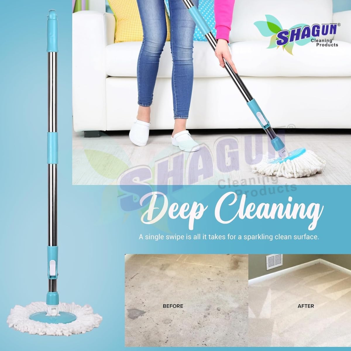 SHAGUN 360° Spin Mop Stick with Lock System | Microfiber Refill | Adjustable Stainless Steel Rod | Easy Floor Cleaning Mop Stick