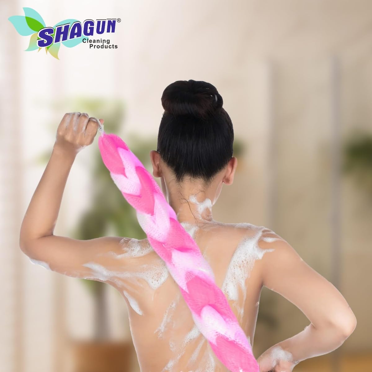 SHAGUN Premium Bath Loofah Set of 3 with Long Handle Soft Mesh Sponge Braided Shower Scrubber and Exfoliating Pouf for Deep Cleansing and Gentle Skin Care