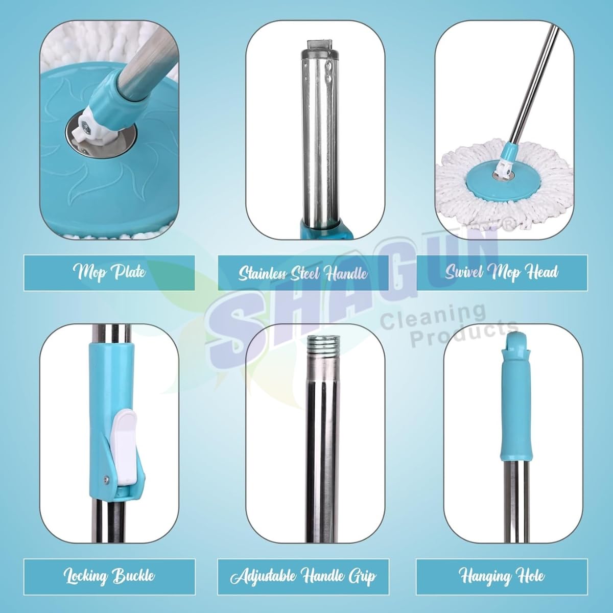 SHAGUN 360° Spin Mop Stick with Lock System | Microfiber Refill | Adjustable Stainless Steel Rod | Easy Floor Cleaning Mop Stick