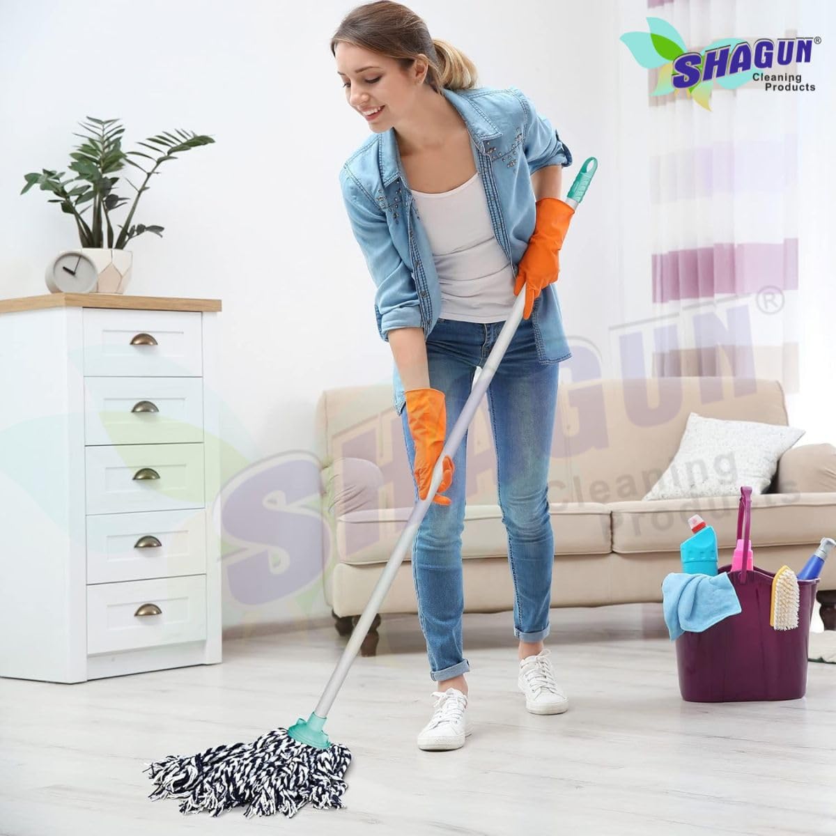 SHAGUN Cotton String Mop with PVC Handle, High Absorbency, Black and Grey