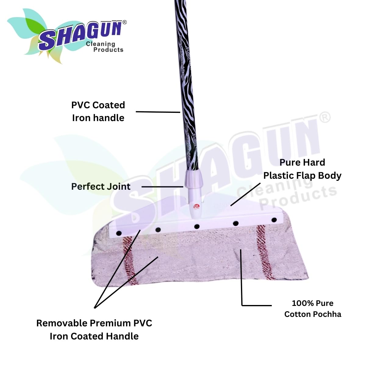 SHAGUN Refillable 100% Pure Cotton Pochha Floor Wiper | Heavy-Duty Cleaning Mop with Long Handle | Wet & Dry Surface Cleaner