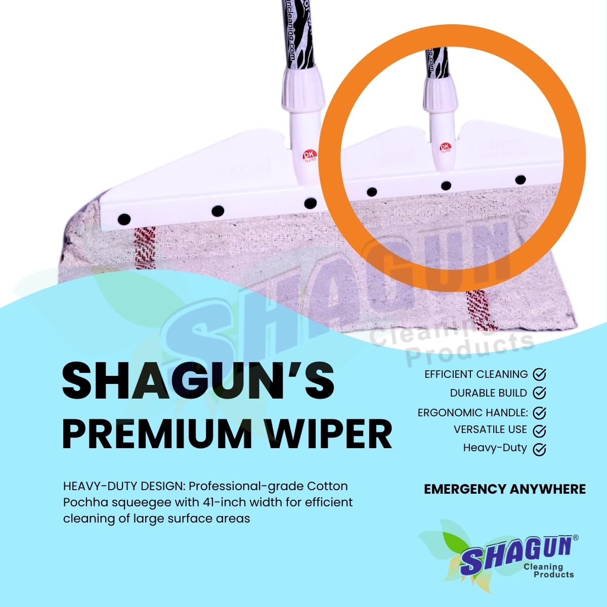 SHAGUN Refillable 100% Pure Cotton Pochha Floor Wiper | Heavy-Duty Cleaning Mop with Long Handle | Wet & Dry Surface Cleaner