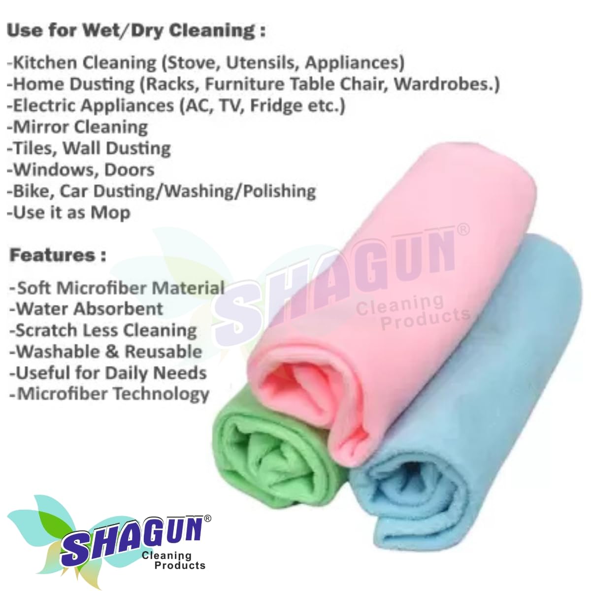 SHAGUN Microfiber Cleaning Cloth Set – Ultra Soft, Lint-Free & Highly Absorbent Duster for Home, Kitchen, Car & Multipurpose Use (40x40 cm, Pack of 3)