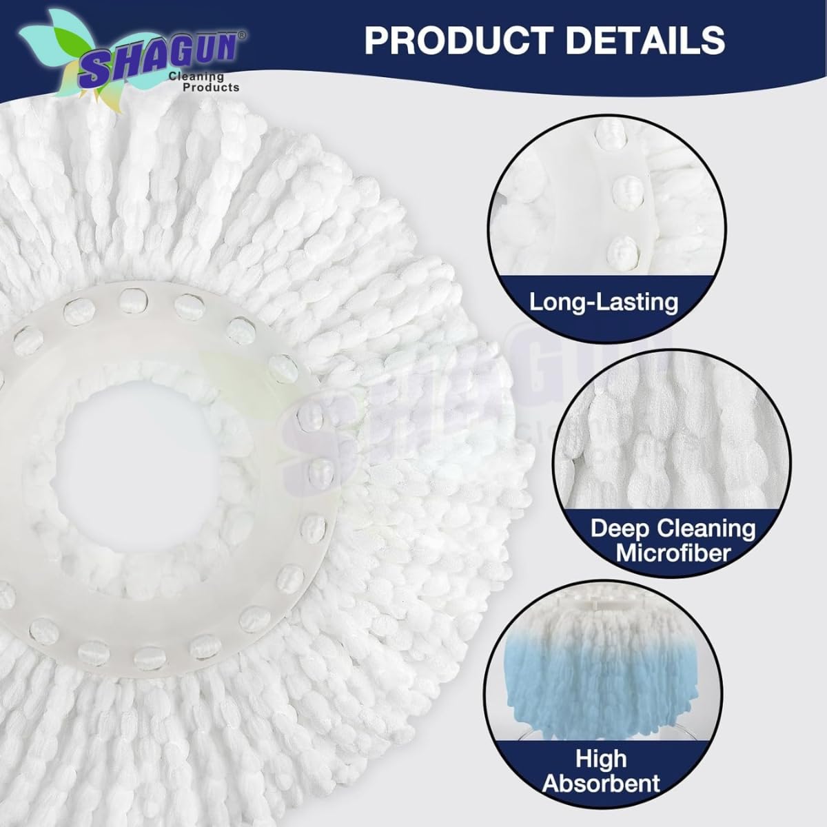 SHAGUN 360° Spin Mop Refill – Super Absorbent Microfiber Head, Durable & Washable Cleaning Pad for Home, Office, Tile, Marble & Wooden Floors (White and Blue) (2)