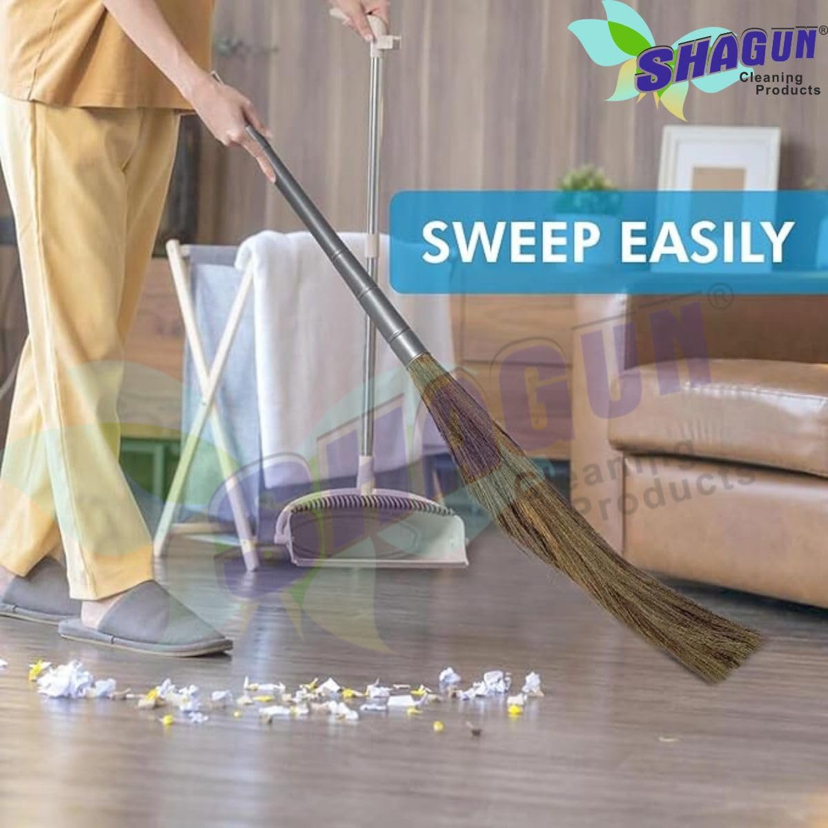 SHAGUN Heavy-Duty Grass Broom with Sturdy Handle – Long-Lasting Natural Bristles for Efficient Cleaning