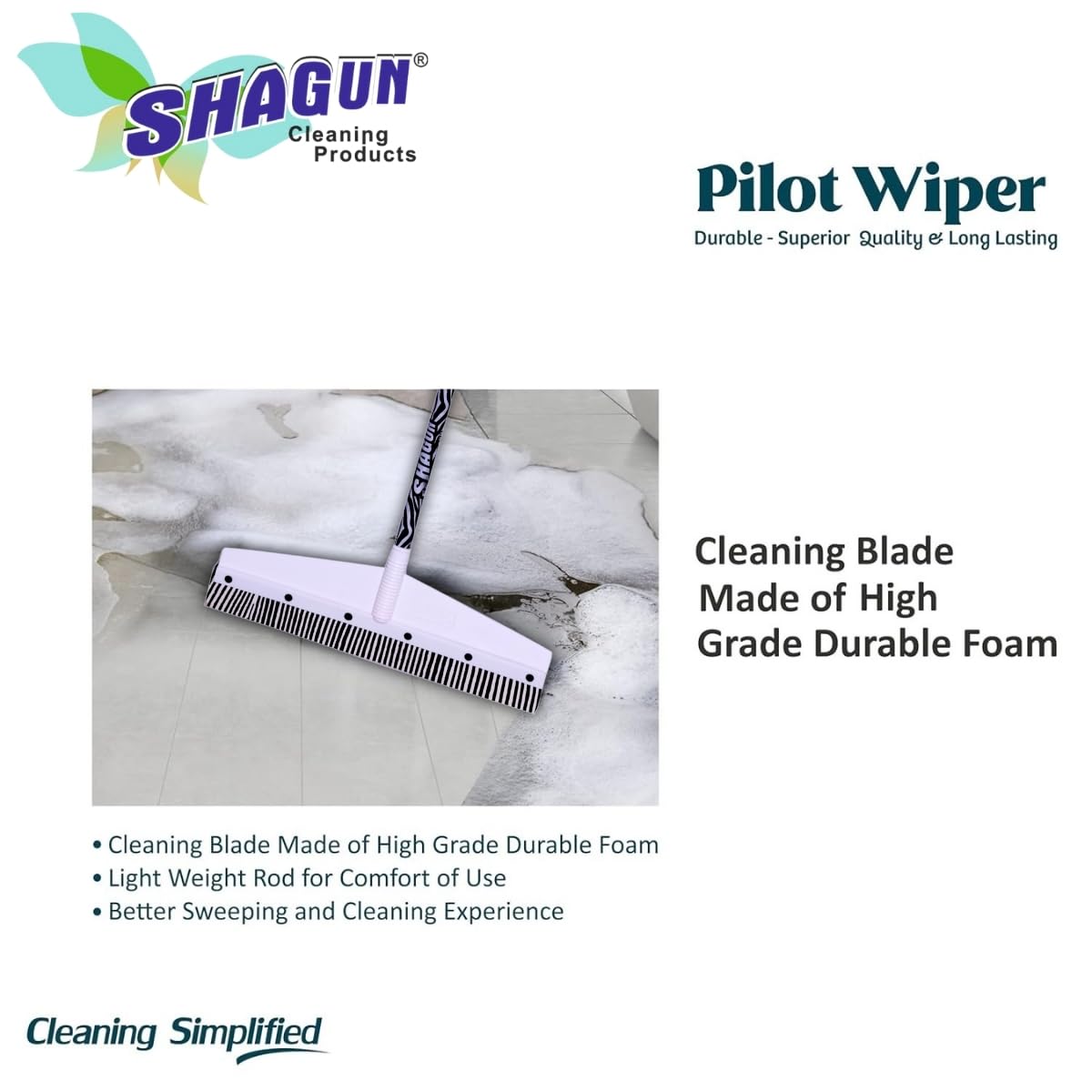 SHAGUN Zebra Print Pattern Long Handle Cleaning Wiper with Wide Head, Black and White, Premium PVC Coated Handle Wiper Or Bathroom, Tiles, Glass & Wet Surface Cleaning