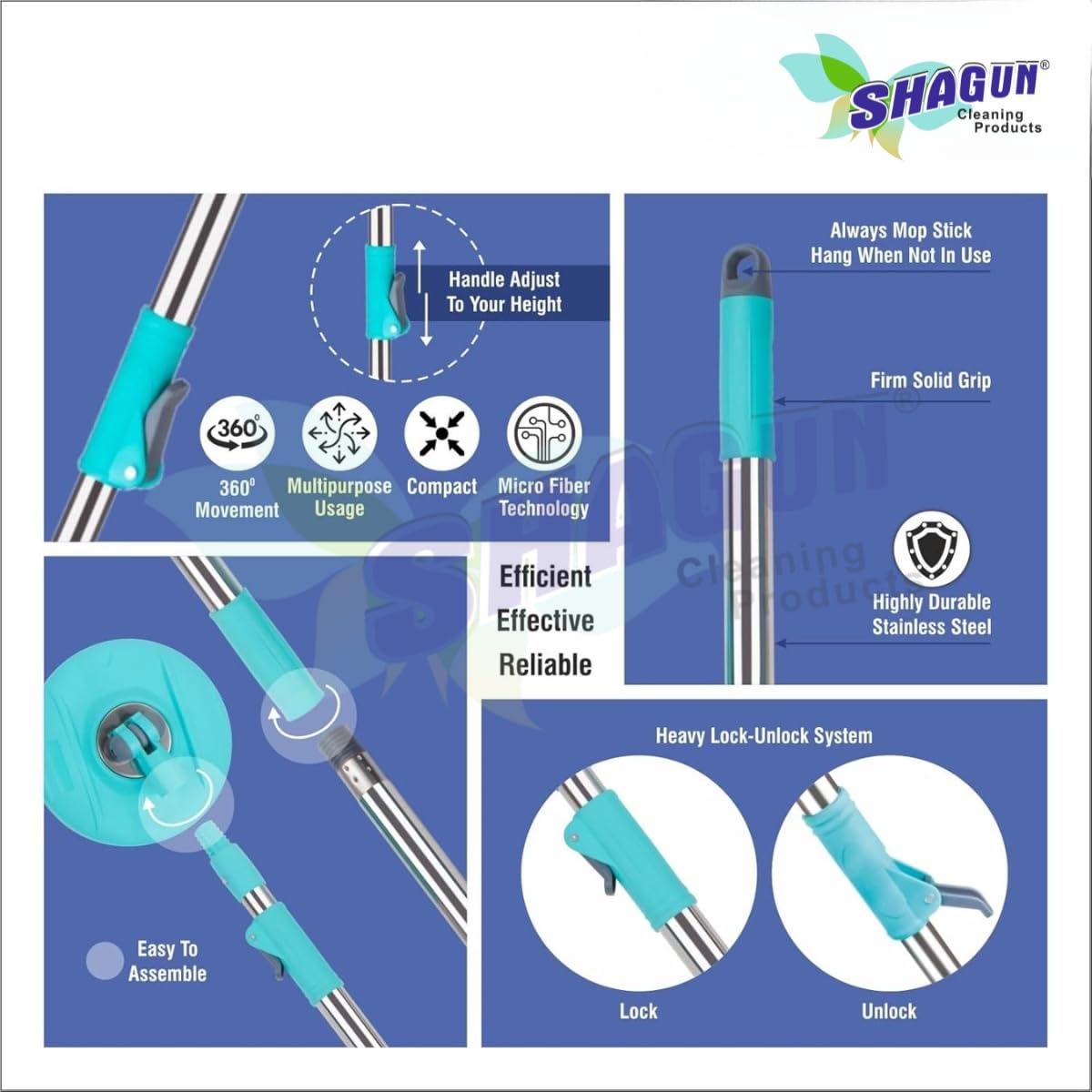 SHAGUN 360° Spin Mop Stick with Lock System | Microfiber Refill | Adjustable Stainless Steel Rod | Easy Floor Cleaning Mop Stick