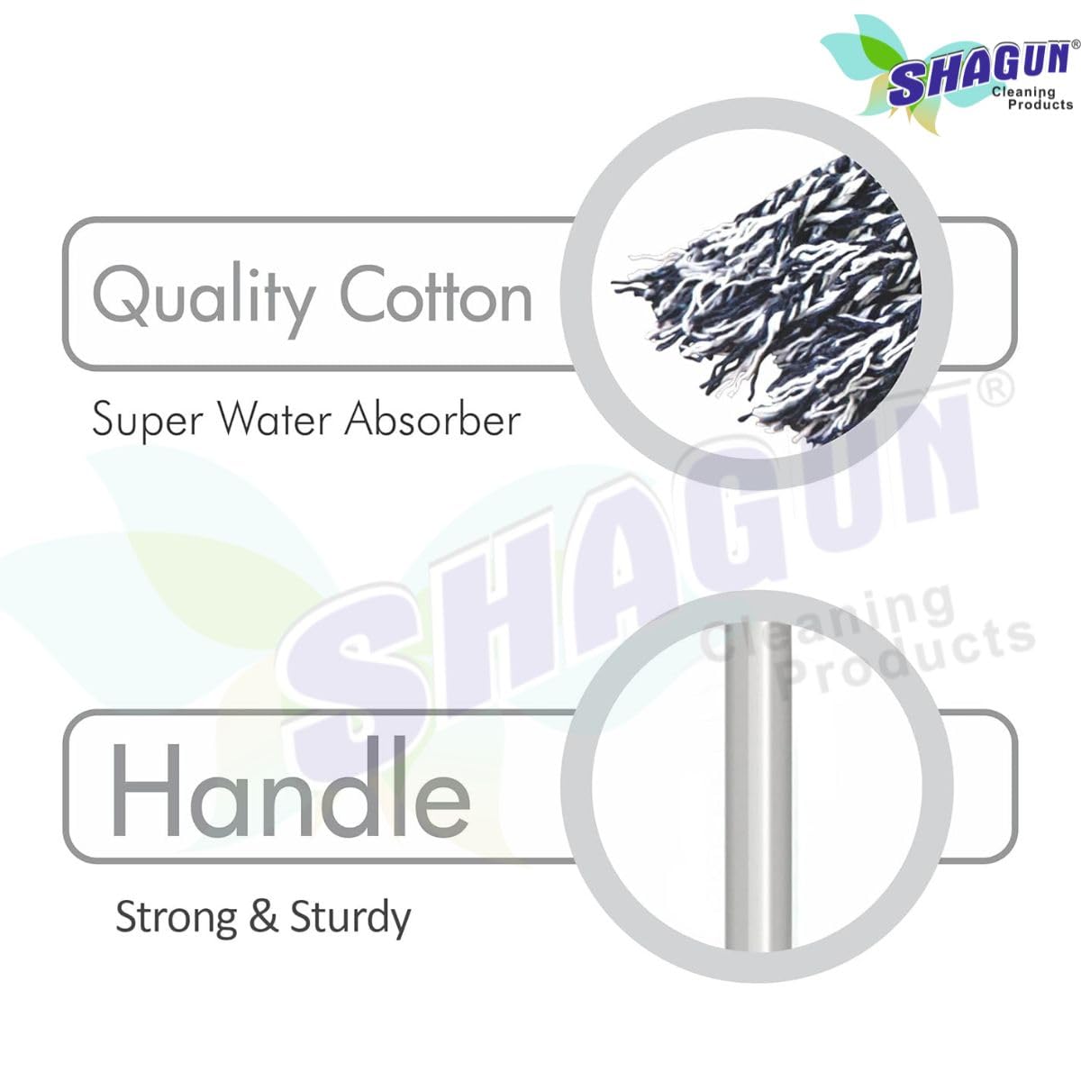 SHAGUN Cotton String Mop with PVC Handle, High Absorbency, Black and Grey