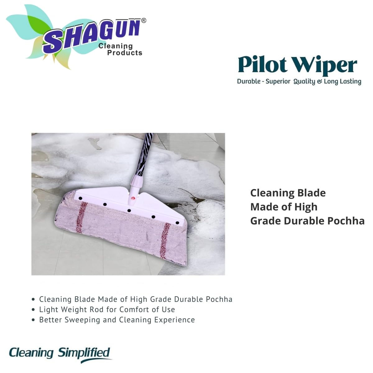 SHAGUN Refillable 100% Pure Cotton Pochha Floor Wiper | Heavy-Duty Cleaning Mop with Long Handle | Wet & Dry Surface Cleaner