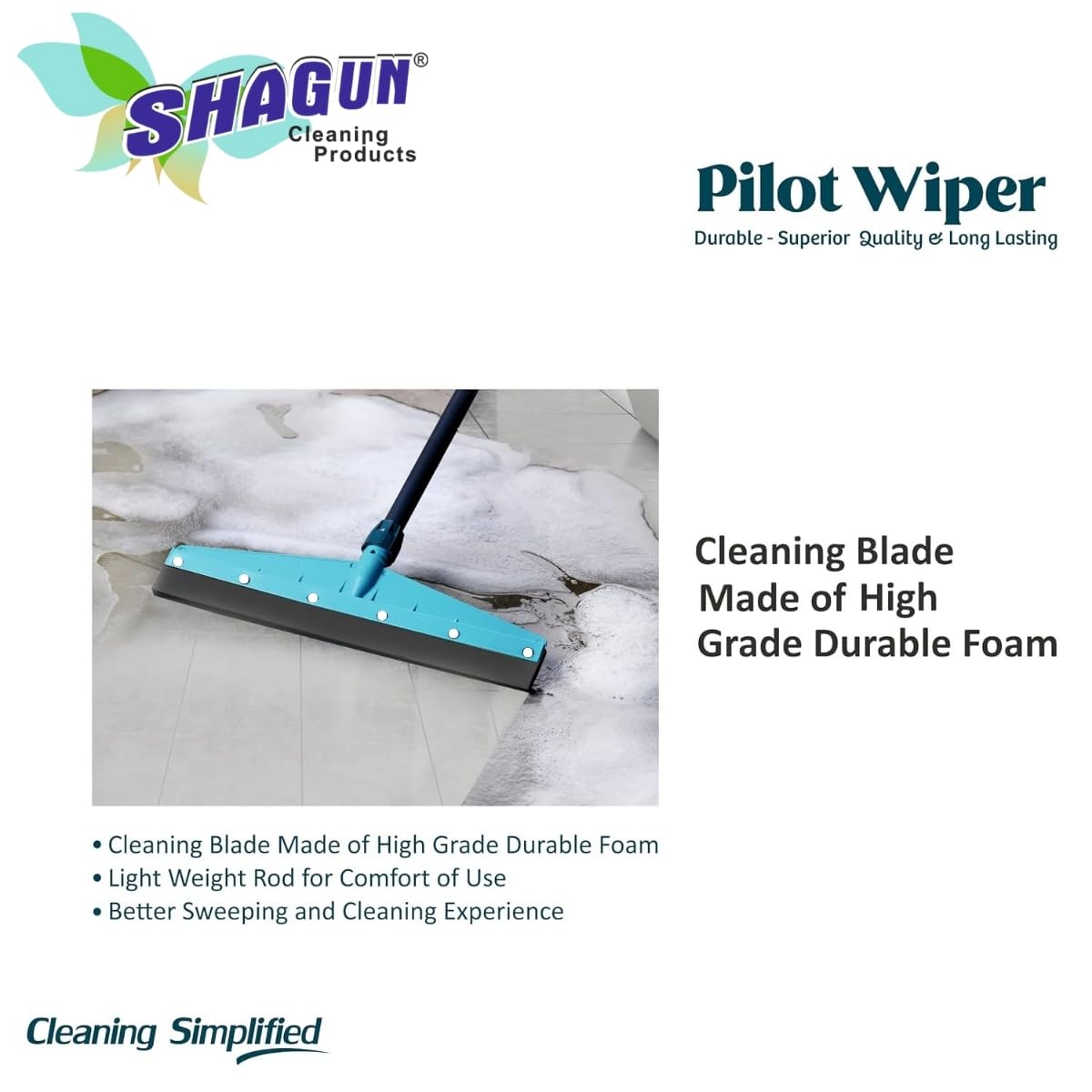 SHAGUN Floor Cleaning Wiper with Premium PVC Coated Handle (39") | Wide Cleaning Head EVA Rubber Blade Streak-Free Cleaning for Tiles, Glass & Bathrooms