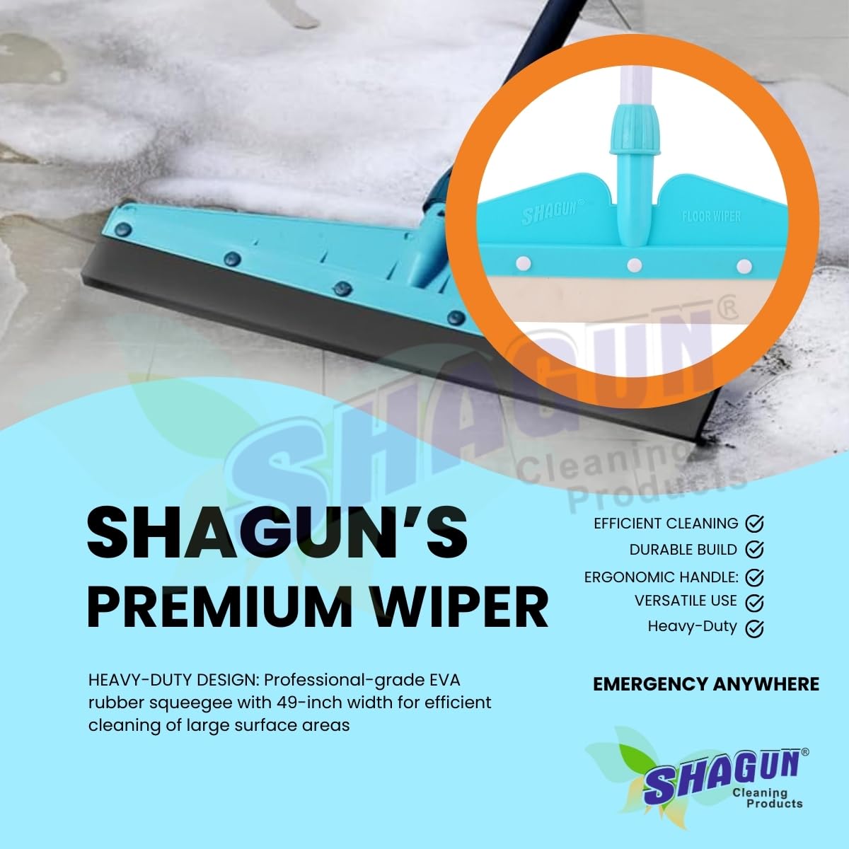 SHAGUN Floor Cleaning Wiper with Premium PVC Coated Handle (39") | Wide Cleaning Head EVA Rubber Blade Streak-Free Cleaning for Tiles, Glass & Bathrooms