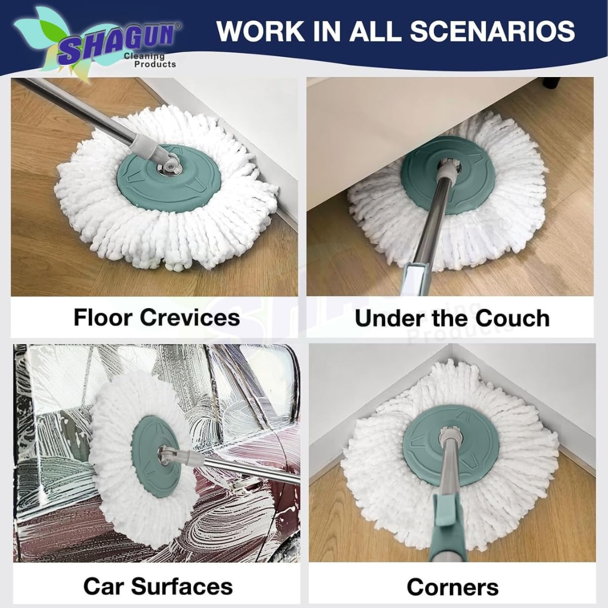 SHAGUN 360° Spin Mop Refill – Super Absorbent Microfiber Head, Durable & Washable Cleaning Pad for Home, Office, Tile, Marble & Wooden Floors (White and Blue) (2)