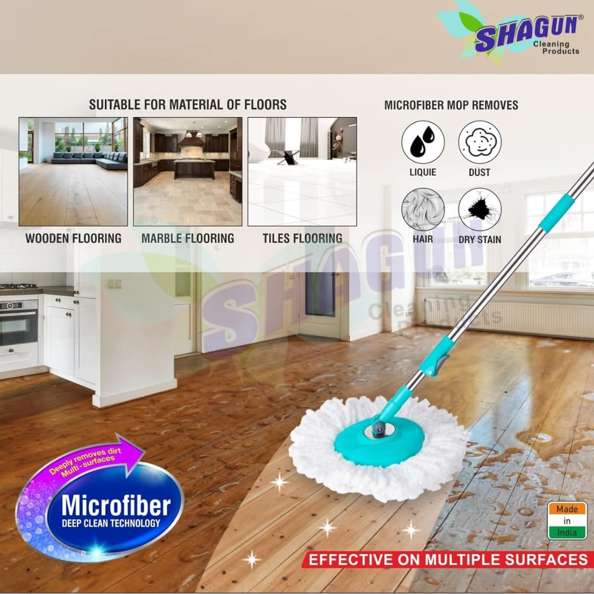 SHAGUN 360° Spin Mop Stick with Lock System | Microfiber Refill | Adjustable Stainless Steel Rod | Easy Floor Cleaning Mop Stick